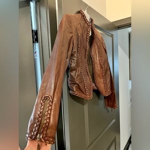 Maroon Mike Gonzalez leather jacket with braid detail